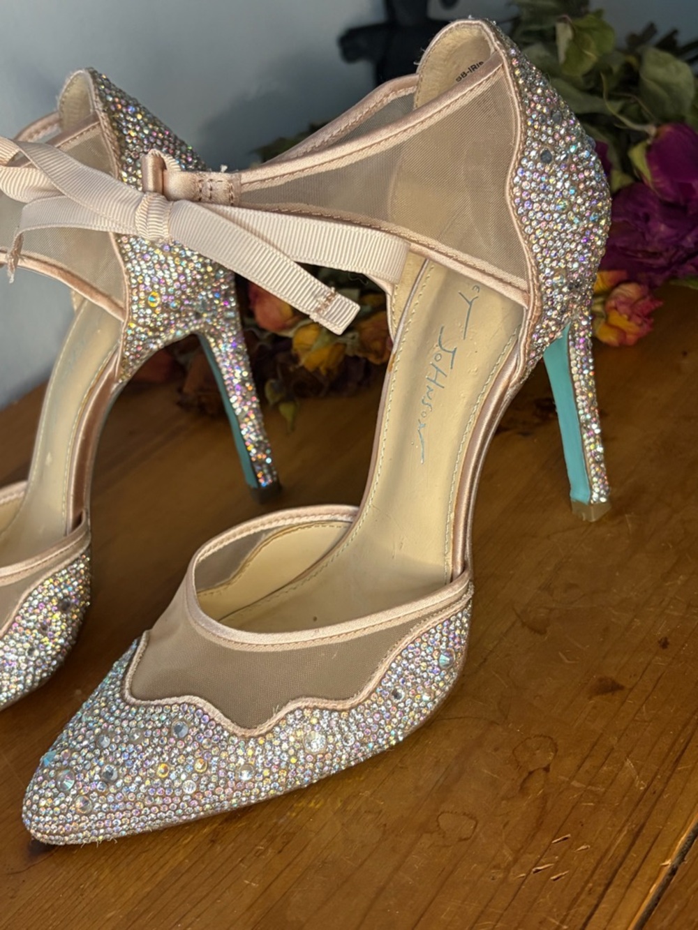 Betsey Johnson Iridescent Crystal Pointed-Toe Heels with Ankle Ribbon